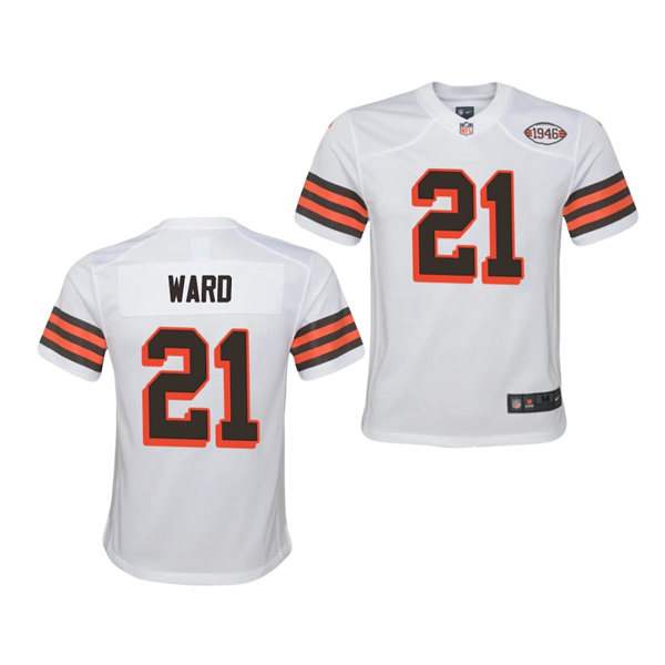 Youth Cleveland Browns #21 Denzel Ward Nike 2021 White Retro 1946 75th Anniversary Jersey