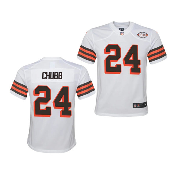 Youth Cleveland Browns #24 Nick Chubb Nike 2021 White Retro 1946 75th Anniversary Jersey