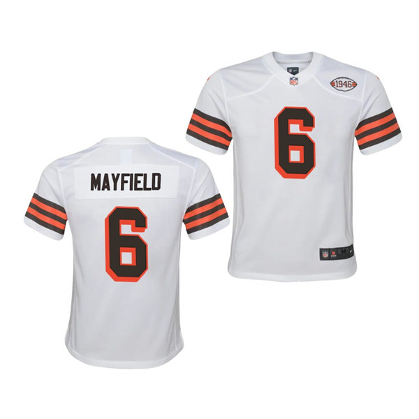 Youth Cleveland Browns #6 Baker Mayfield Nike 2021 White Retro 1946 75th Anniversary Jersey