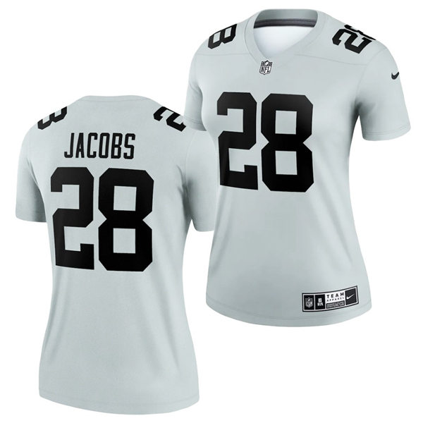 Womens Las Vegas Raiders #28 Josh Jacobs Nike 2021 Silver Inverted Legend Jersey