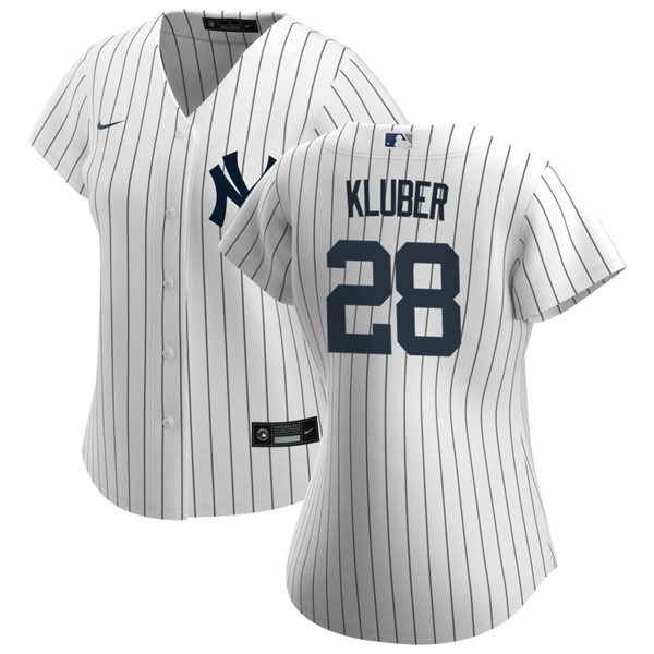 Womens New York Yankees #28 Corey Kluber Nike White Home with Name Cool Base Jersey