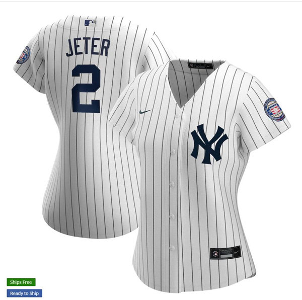 Womens New York Yankees #2 Derek Jeter Nike White Navy Home 2020 Hall of Fame Induction Name Jersey