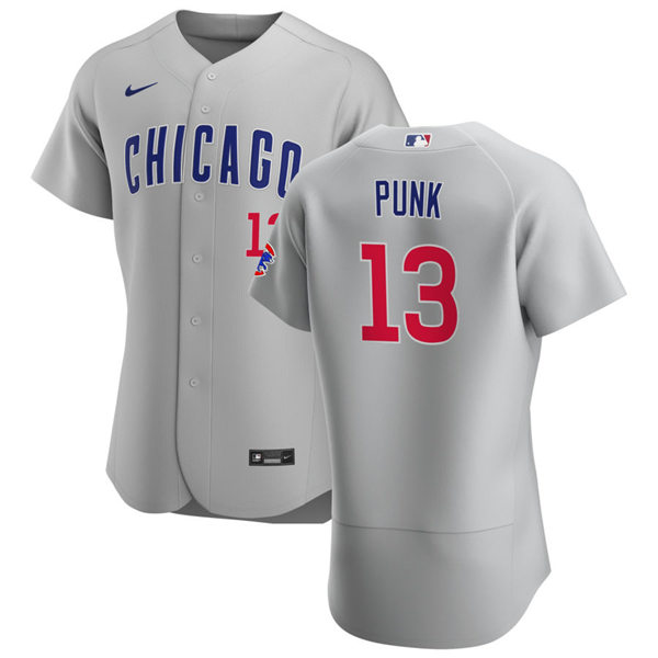 Mens WWE Champion #13 CM Punk Chicago Cubs Nike Gray Road Flex Base Baseball Jersey