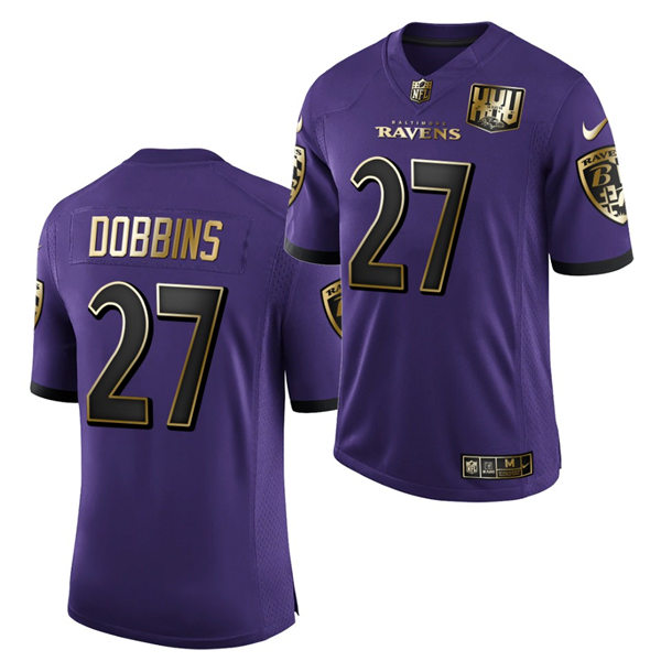 Mens Baltimore Ravens #27 J. K. Dobbins Nike Purple 25th Anniversary Speed Machine Golden Limited Jersey