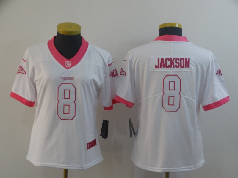 Womens Baltimore Ravens #8 Lamar Jackson Nike White Pink Fashion Jersey