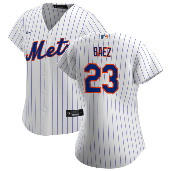 Womens New York Mets #23 Javier Baez Nike White Pinstripe Home Jersey