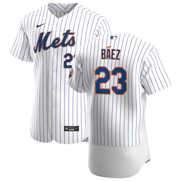 Mens New York Mets #23 Javier Baez Nike Home White Pinstripe FlexBase Jersey