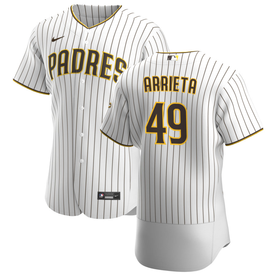 Mens San Diego Padres #49 Jake Arrieta Nike White Brown Home Flex Base Baseball Jersey