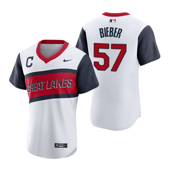 Mens Cleveland Indians #57 Shane Bieber Nike White 2021 Little League Classic Jersey Mens Cleveland Indians #57 Shane Bieber Nike White 2021 Little League Classic Jersey