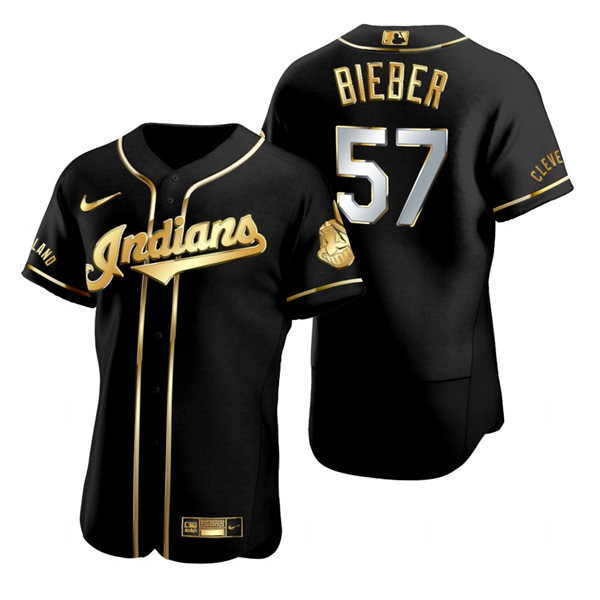 Mens Cleveland Indians #57 Shane Bieber Nike Black Golden Edition Jersey