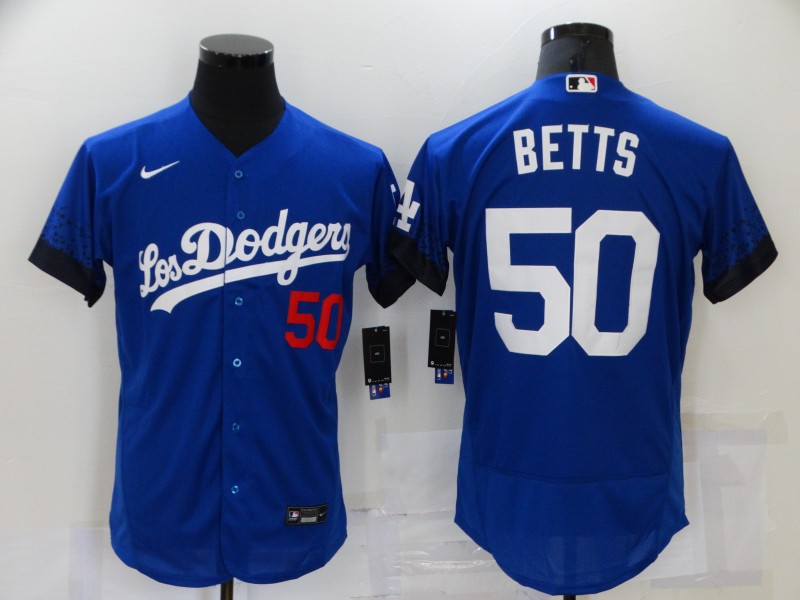 Men's Los Angeles Dodgers #50 Mookie Betts Blue 2021 City Connect Flex Base Stitched Jersey