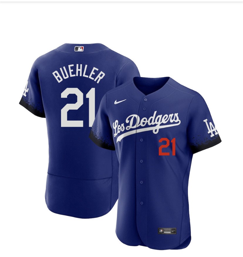 Men's Los Angeles Dodgers #21 Walker Buehler Blue 2021 City Connect Flex Base Stitched Jersey