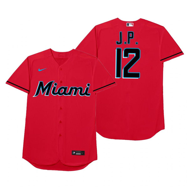Mens Miami Marlins #12 Joe Panik Nike Red 2021 Players' Weekend Nickname J.P. Jersey Mens Miami Marlins #12 Joe Panik Nike Red 2021 Players' Weekend Nickname J.P. Jersey