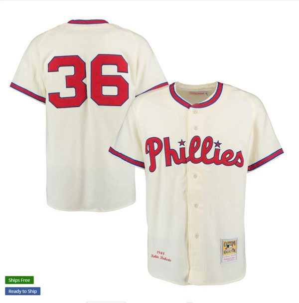 Mens Philadelphia Phillies #36 Robin Roberts Mitchell&Ness 1948 Cream Throwback Jersey