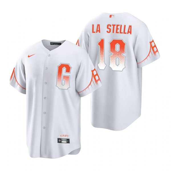 Mens San Francisco Giants #18 Tommy La Stella Nike White 2021 San Francisco City Connect Jersey