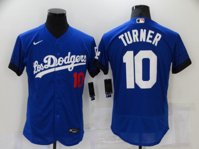 Men's Los Angeles Dodgers #10 Justin Turner Blue 2021 City Connect Flex Base Stitched Jersey Men's Los Angeles Dodgers #10 Justin Turner Blue 2021 City Connect Flex Base Stitched Jersey