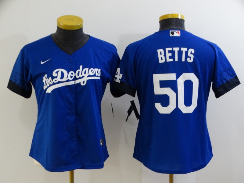 Women's Los Angeles Dodgers #50 Mookie Betts Blue 2021 City Connect Cool Base Stitched Jersey