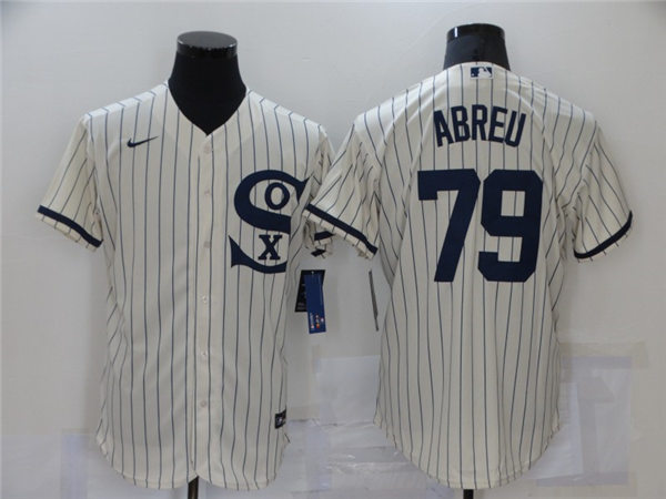Mens Chicago White Sox #79 Jose Abreu Nike White Pinstripe with Name 2021 Field of Dreams Baseball Jersey