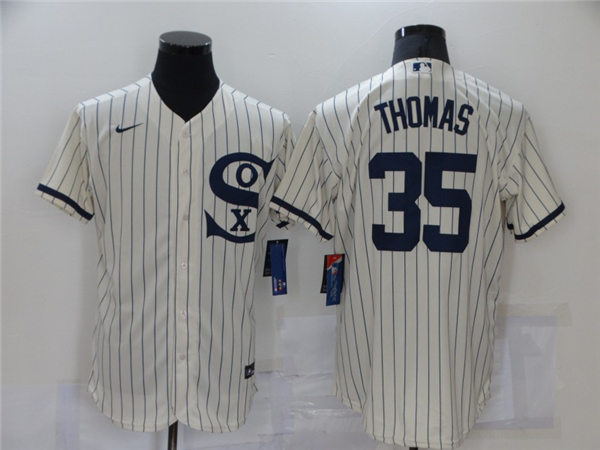 Mens Chicago White Sox #35 Frank Thomas Nike White Pinstripe with Name 2021 Field of Dreams Baseball Jersey Mens Chicago White Sox #35 Frank Thomas Nike White Pinstripe with Name 2021 Field of Dreams Baseball Jersey