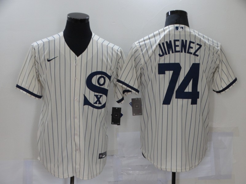 Mens Chicago White Sox #74 Eloy Jimenez Nike White Pinstripe with Name 2021 Field of Dreams Baseball Jersey