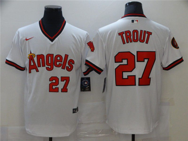 Mens Los Angeles Angels #27 Mike Trout Nike White Pullover Cooperstown Collection Jersey