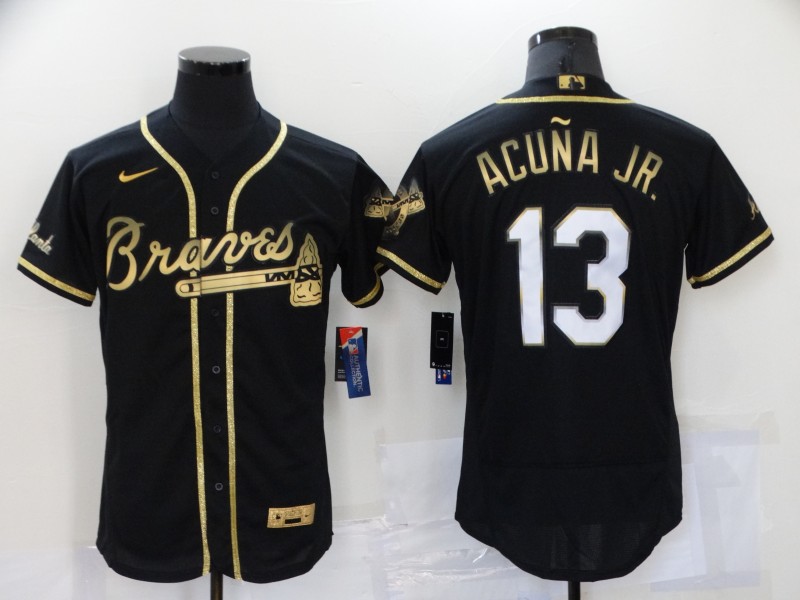 Men's Atlanta Braves #13 Ronald Acuna Jr Black 2021 Golden Edition Stitched Flex Base Nike Jersey