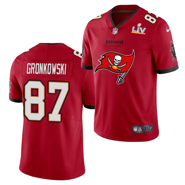 Mens Tampa Bay Buccaneers #87 Rob Gronkowski Nike Red with Buccaneers Primary Logo 2021 Super Bowl LV Champions Vapor Limited Jersey