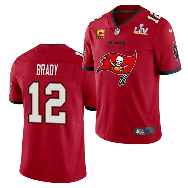 Mens Tampa Bay Buccaneers #12 Tom Brady Nike Red with Buccaneers Primary Logo 2021 Super Bowl LV Champions Vapor Limited Jersey