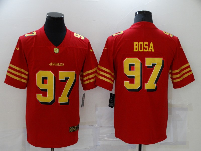 Mens San Francisco 49ers #97 Nick Bosa Nike Scarlet Gold Vapor Limited Jersey