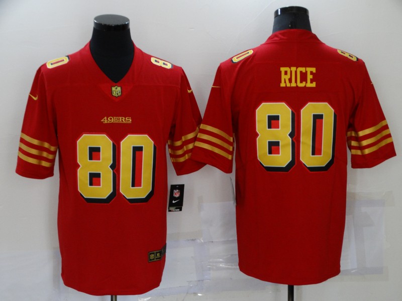 Mens San Francisco 49ers Retired Player #80 Jerry Rice Nike Scarlet Gold Vapor Limited Jersey