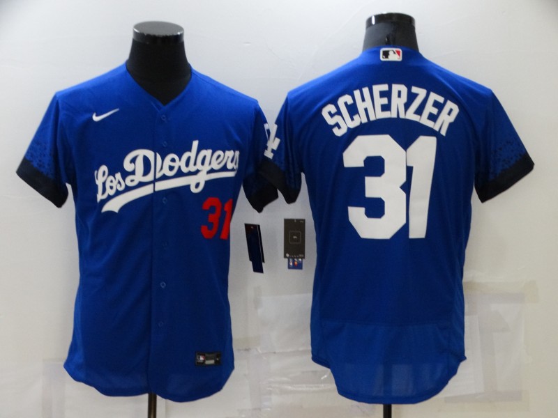 Men's Los Angeles Dodgers #31 Max Scherzer Blue 2021 City Connect Flex Base Stitched Jersey Men's Los Angeles Dodgers #31 Max Scherzer Blue 2021 City Connect Flex Base Stitched Jersey