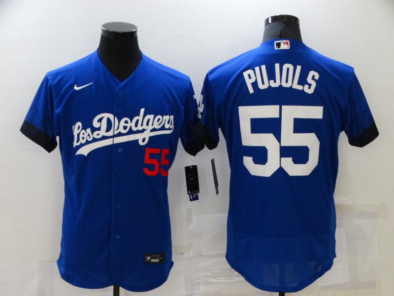 Men's Los Angeles Dodgers #55 Albert Pujols Blue 2021 City Connect Flex Base Stitched Jersey
