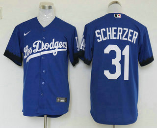 Men's Los Angeles Dodgers #31 Max Scherzer Blue 2021 City Connect Cool Base Stitched Jersey
