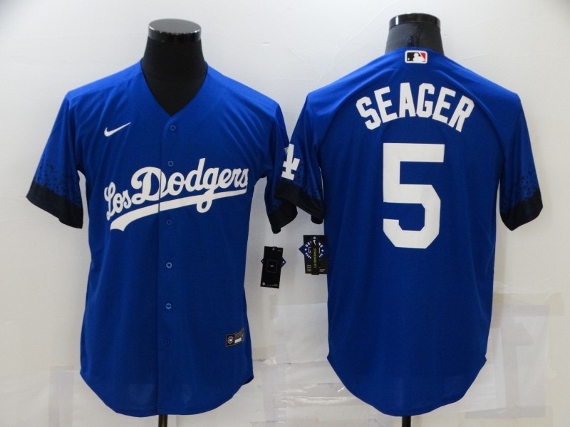 Men's Los Angeles Dodgers #5 Corey Seager Blue 2021 City Connect Cool Base Stitched Jersey Men's Los Angeles Dodgers #5 Corey Seager Blue 2021 City Connect Cool Base Stitched Jersey