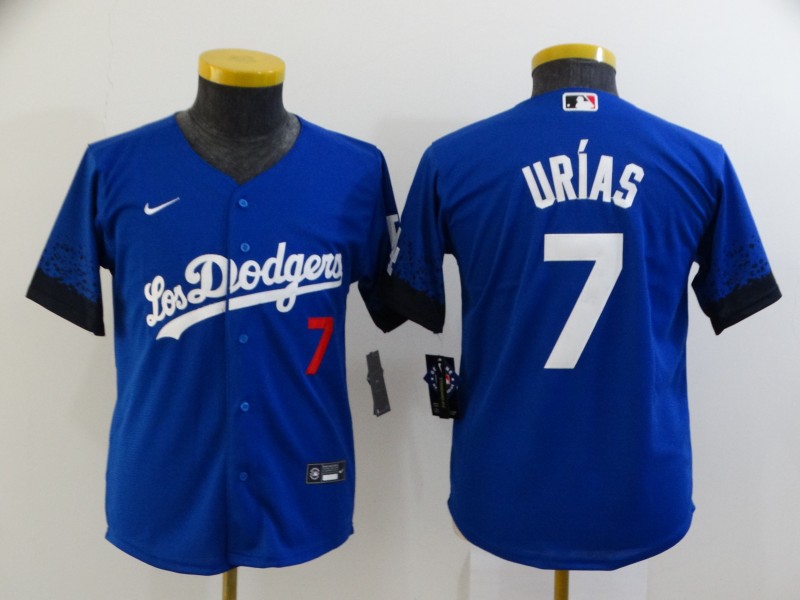 Youth Los Angeles Dodgers #7 Julio Urias Blue 2021 City Connect Number Cool Base Stitched Jersey
