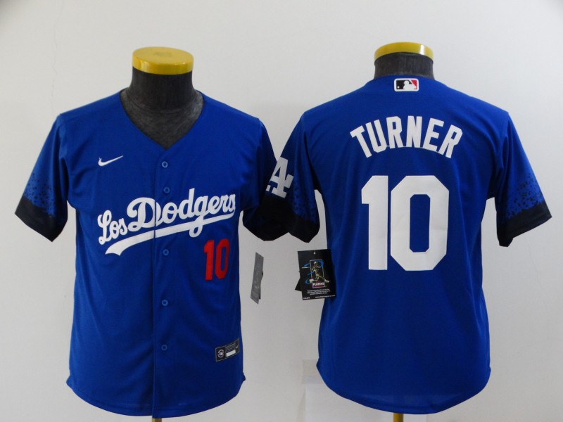 Youth Los Angeles Dodgers #10 Justin Turner Blue 2021 City Connect Number Cool Base Stitched Jersey