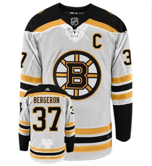 Men's BOSTON BRUINS #37 PATRICE BERGERON with C patch ADIDAS AUTHENTIC AWAY WHITE NHL HOCKEY JERSEY