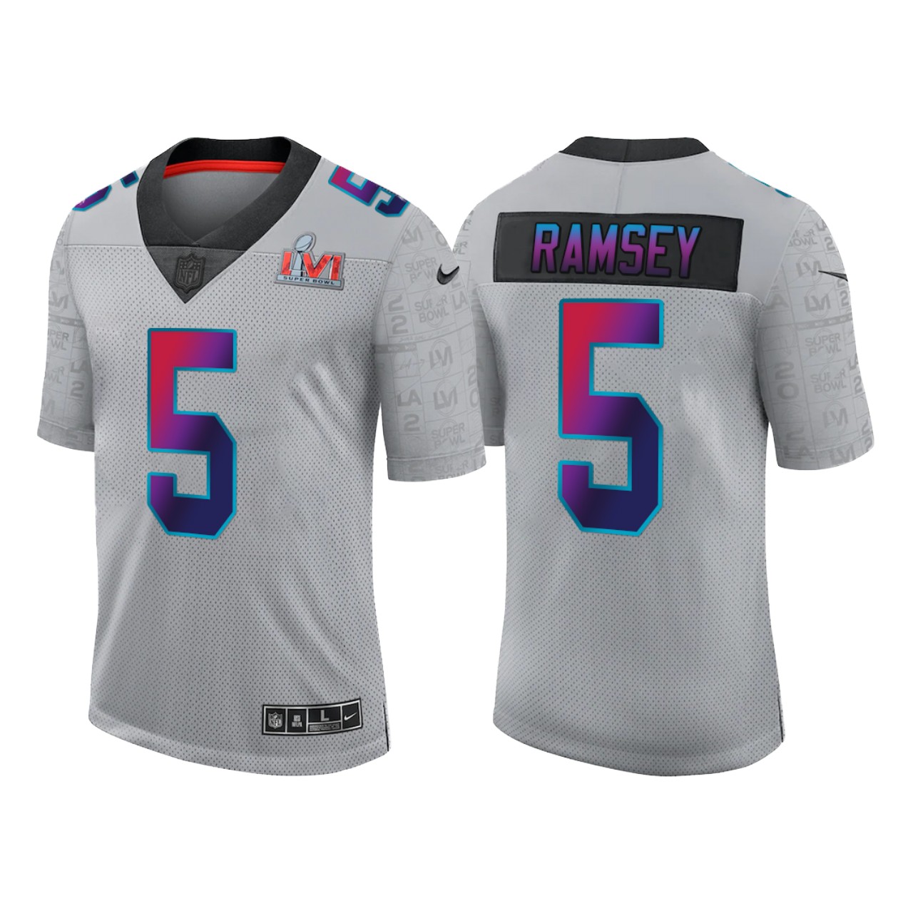 Men's Los Angeles Rams #5 Jalen Ramsey 2022 Grey Super Bowl LVI Limited Stitched Jersey