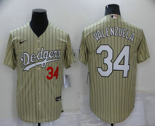 Men's Los Angeles Dodgers #34 Fernando Valenzuela Cream Pinstripe Stitched MLB Cool Base Nike Jersey