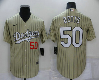 Men's Los Angeles Dodgers #50 Mookie Betts Cream Pinstripe Stitched MLB Cool Base Nike Jersey