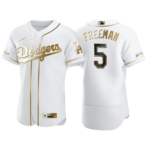 Men's Los Angeles Dodgers #5 Freddie Freeman White Golden Flex Base Stitched Jersey Men's Los Angeles Dodgers #5 Freddie Freeman White Golden Flex Base Stitched Jersey