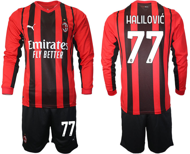 Men 2021-2022 Club Ac Milan home red Long Sleeve 77 Soccer Jersey