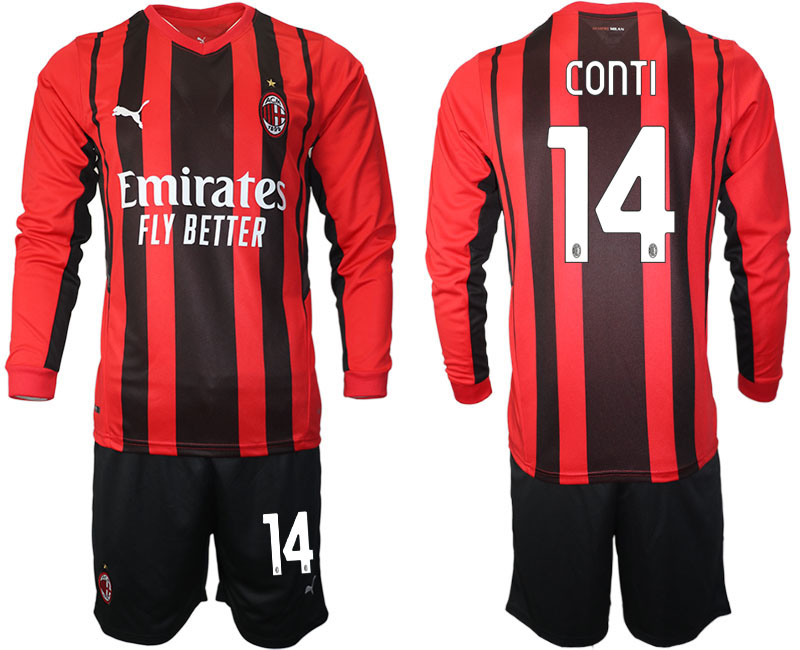 Men 2021-2022 Club Ac Milan home red Long Sleeve 14 Soccer Jersey