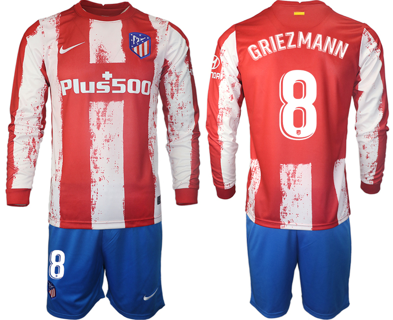 Men 2021-2022 Club Atletico Madrid home red Long Sleeve 8 Soccer Jersey