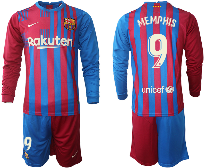 Men 2021-2022 Club Barcelona home red blue Long Sleeve 9 Nike Soccer Jerseys