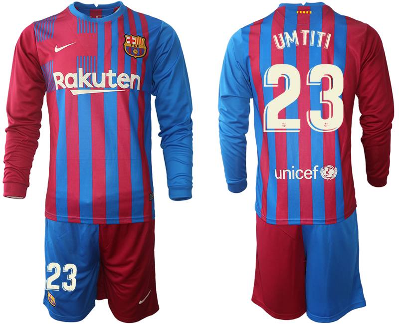 Men 2021-2022 Club Barcelona home red blue Long Sleeve 23 Nike Soccer Jersey