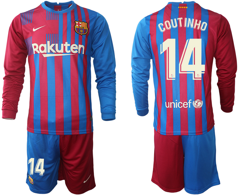 Men 2021-2022 Club Barcelona home red blue Long Sleeve 14 Nike Soccer Jerseys