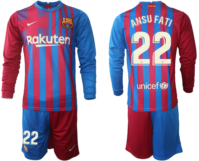Men 2021-2022 Club Barcelona home red blue Long Sleeve 22 Nike Soccer Jersey