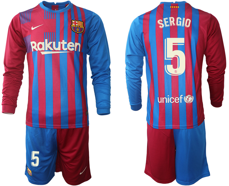 Men 2021-2022 Club Barcelona home red blue Long Sleeve 5 Nike Soccer Jersey