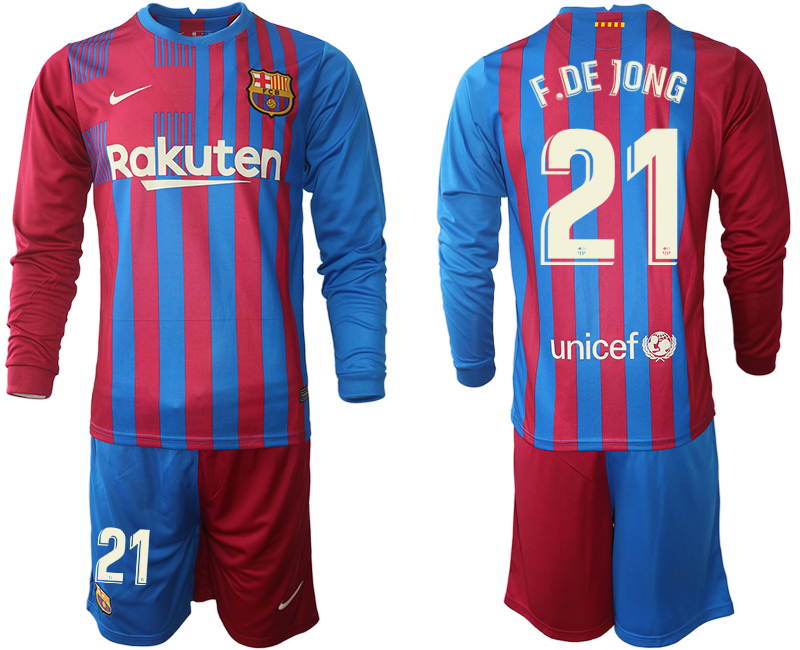 Men 2021-2022 Club Barcelona home red blue Long Sleeve 21 Nike Soccer Jersey